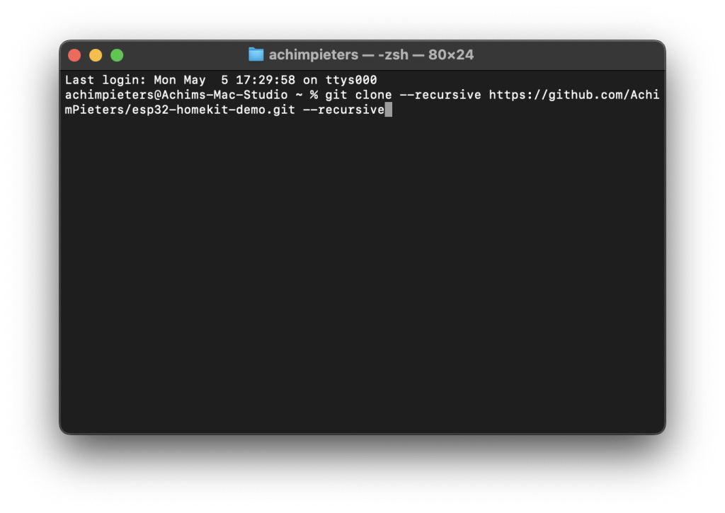 Terminal screenshot cloning the esp32-homekit-demo repository