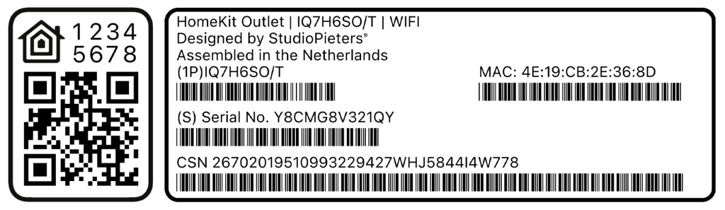 Example of a generated HomeKit pairing label with QR code, setup code and barcodes