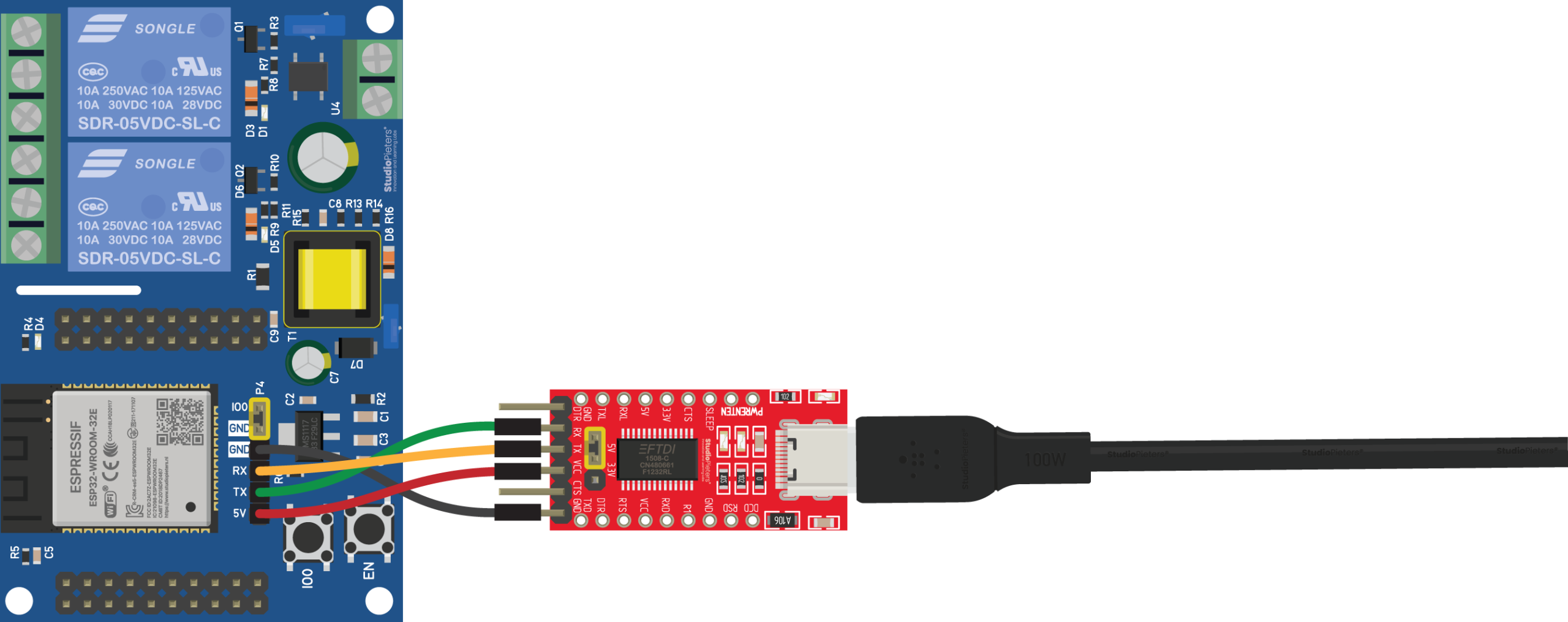 FTDI programmer connected to the relay module's programming header