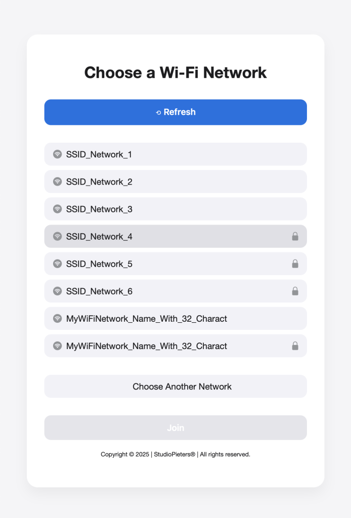 Captive portal screen on an iPhone for entering Wi-Fi credentials during ESP32 provisioning