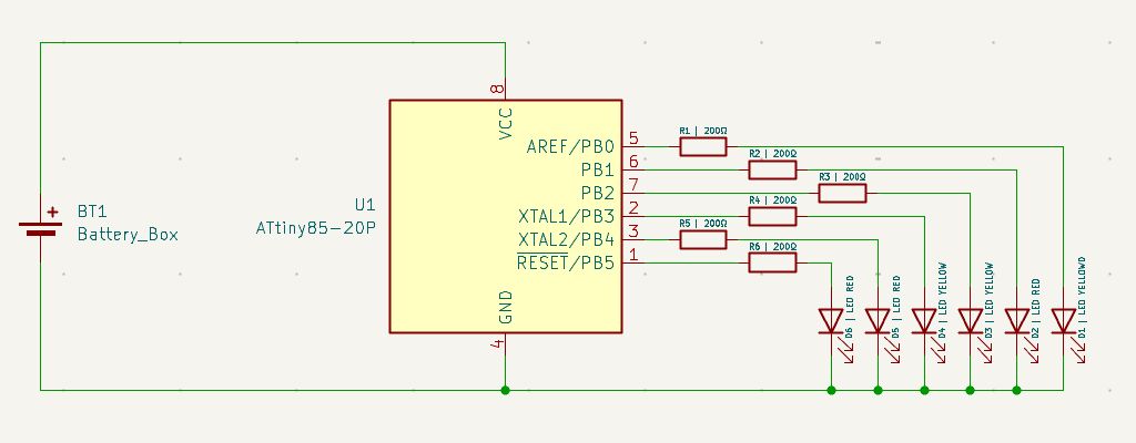 Circuit schematic wiring six LEDs to individual PWM pins on the ATtiny85