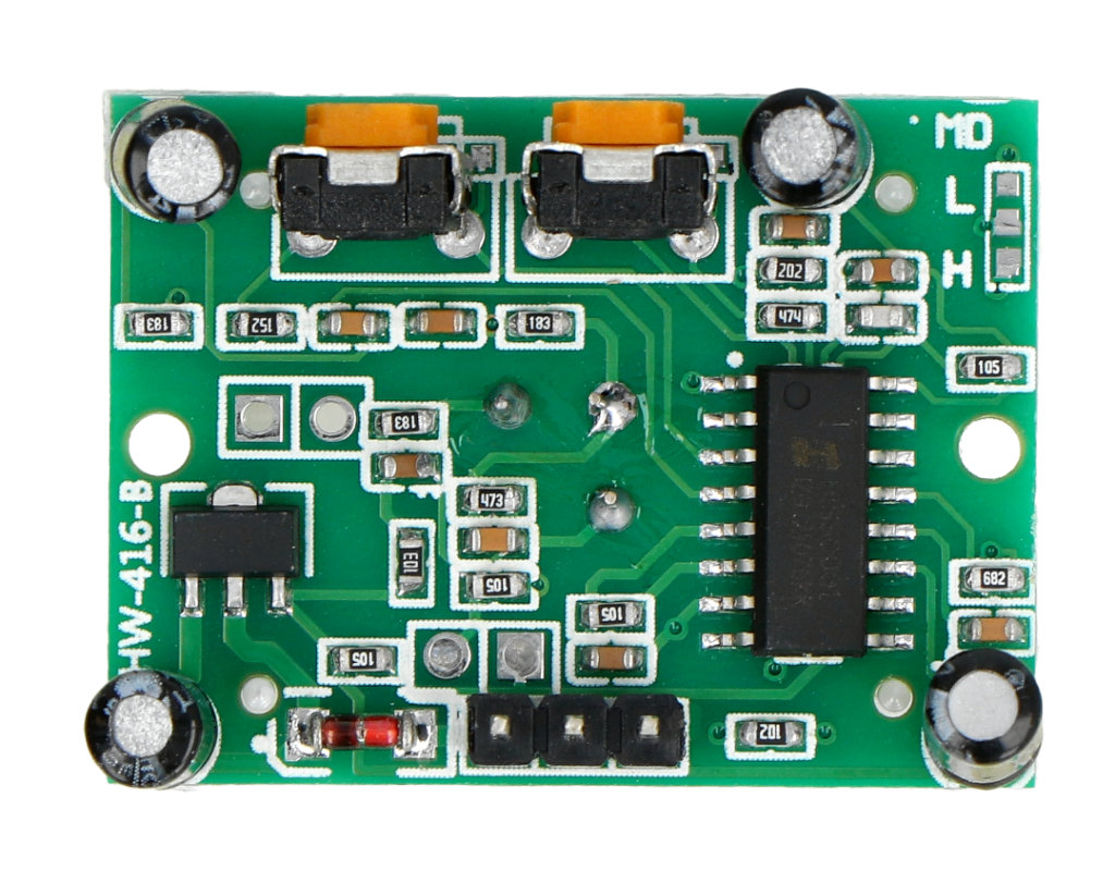 HC-SR501 board back showing the delay and sensitivity potentiometers and trigger-mode jumper