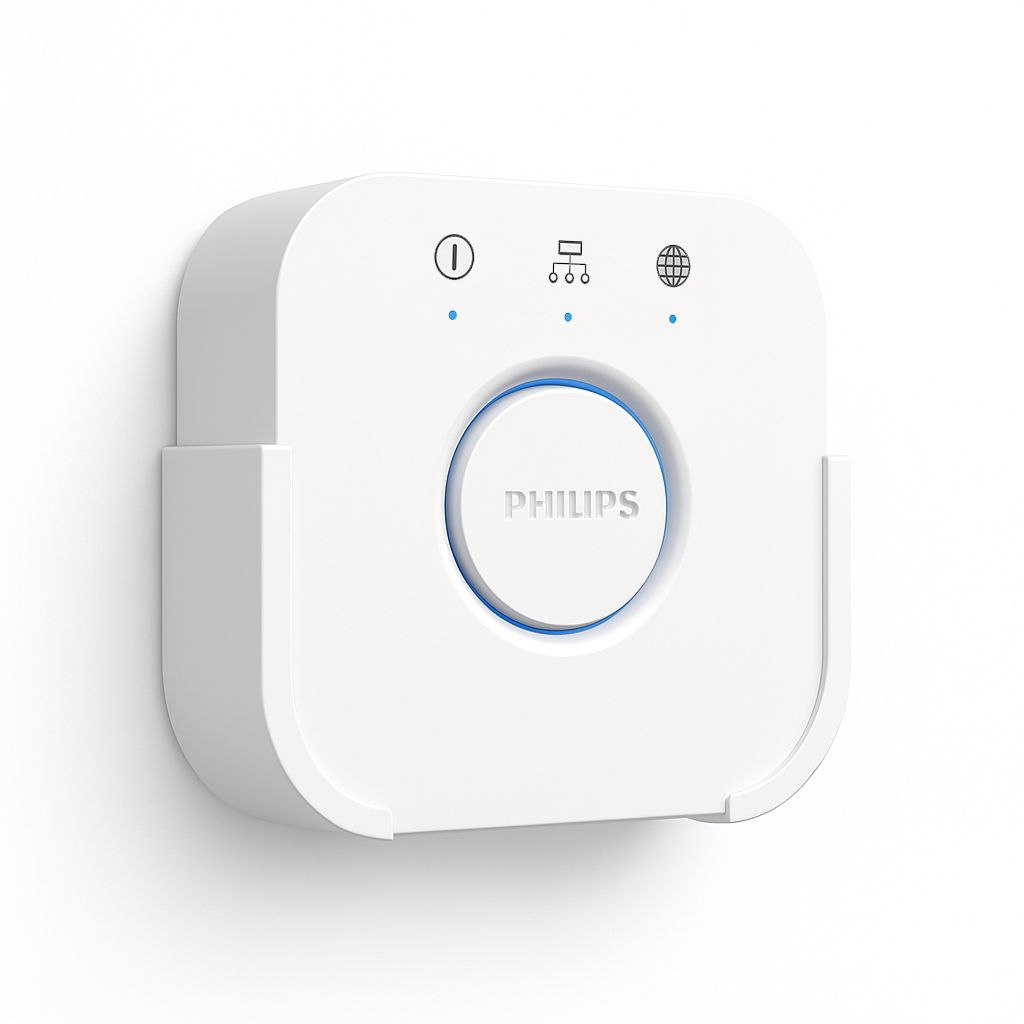 Philips Hue Bridge mounted on the wall in its 3D-printed holder