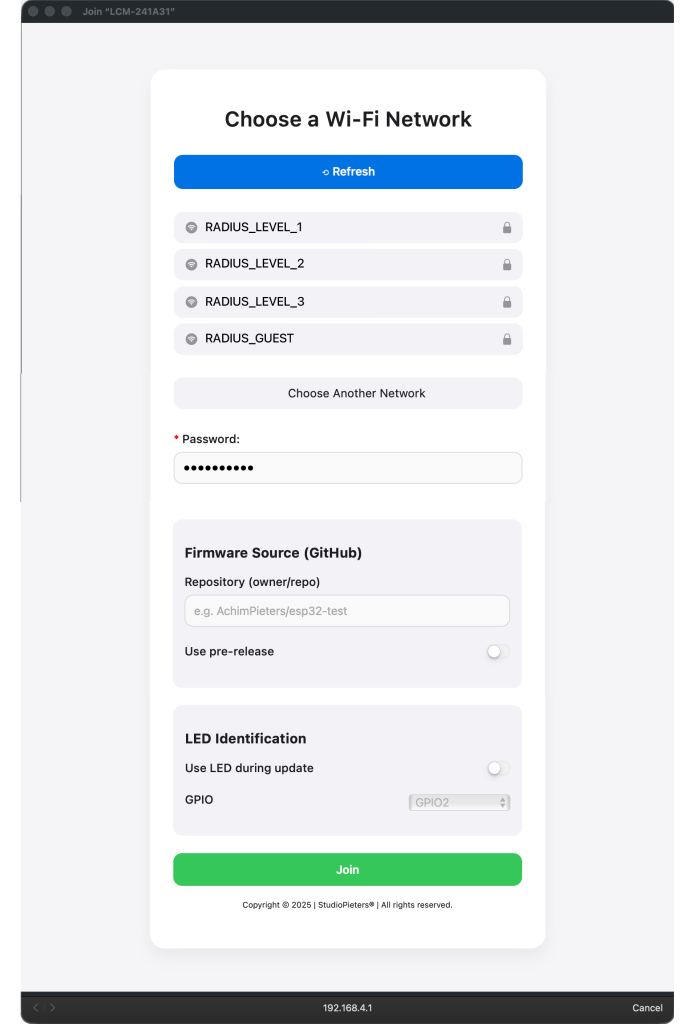 Lifecycle Manager's captive portal Wi-Fi setup screen