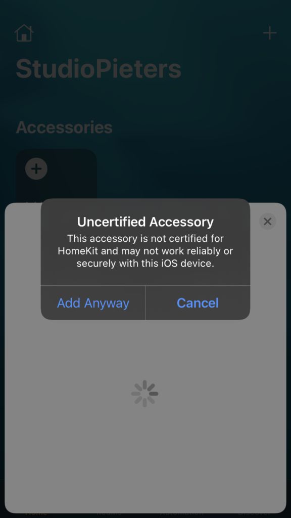 The Home app's uncertified accessory warning before adding the ESP32