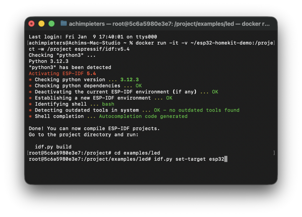 Terminal screenshot running idf.py set-target esp32