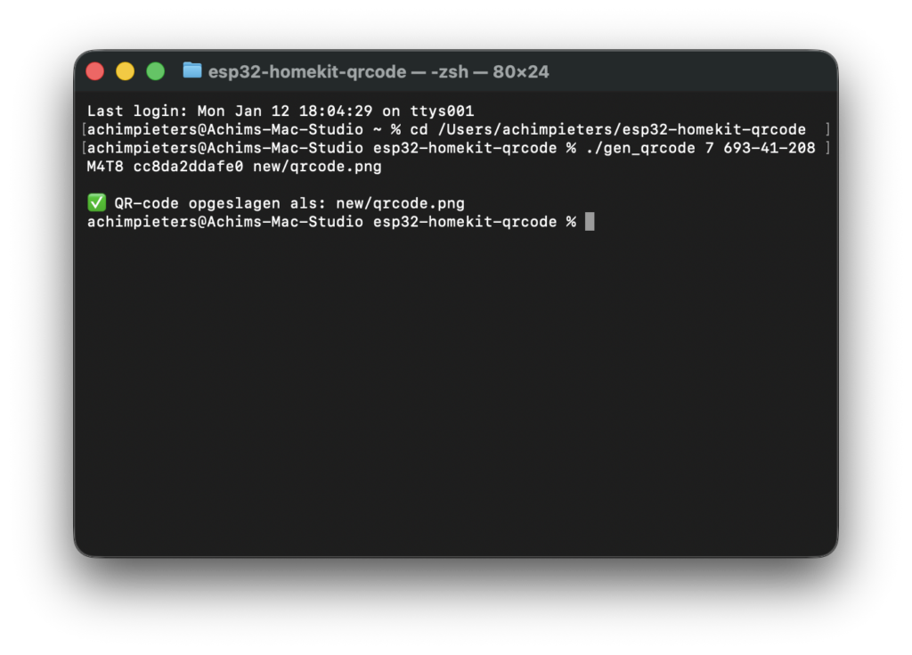 Terminal screenshot generating a HomeKit setup QR code