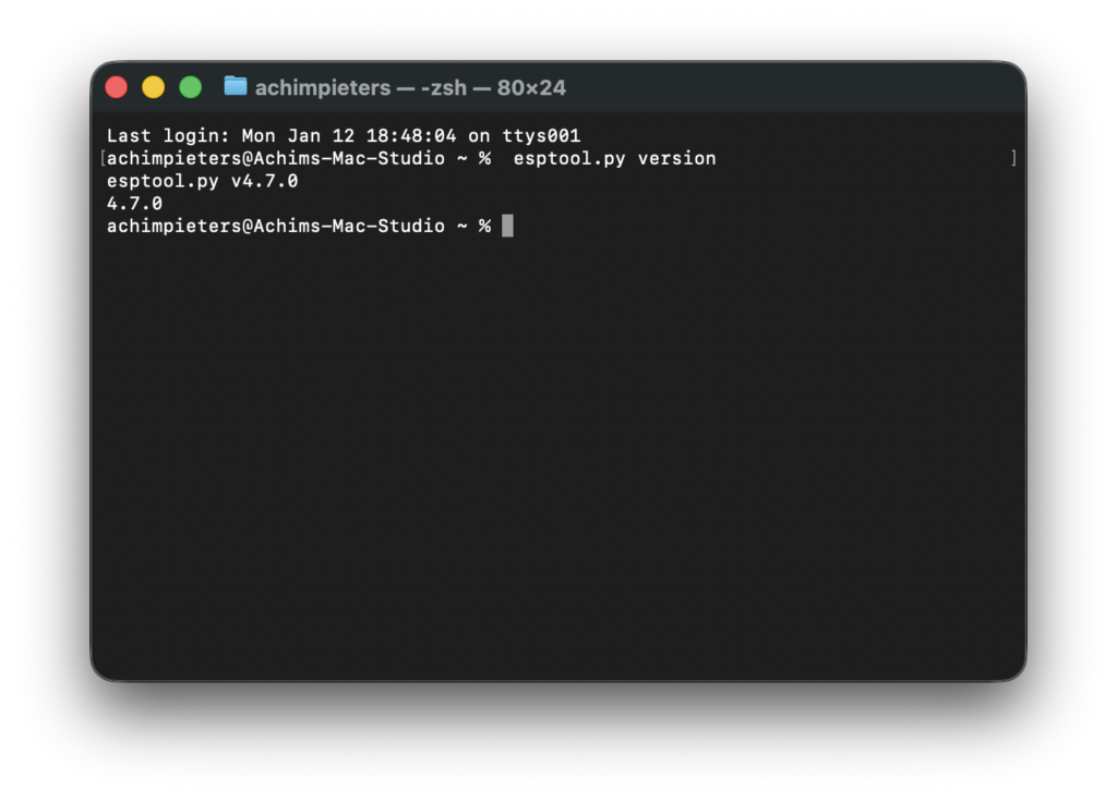 Terminal screenshot installing esptool with pip and checking its version