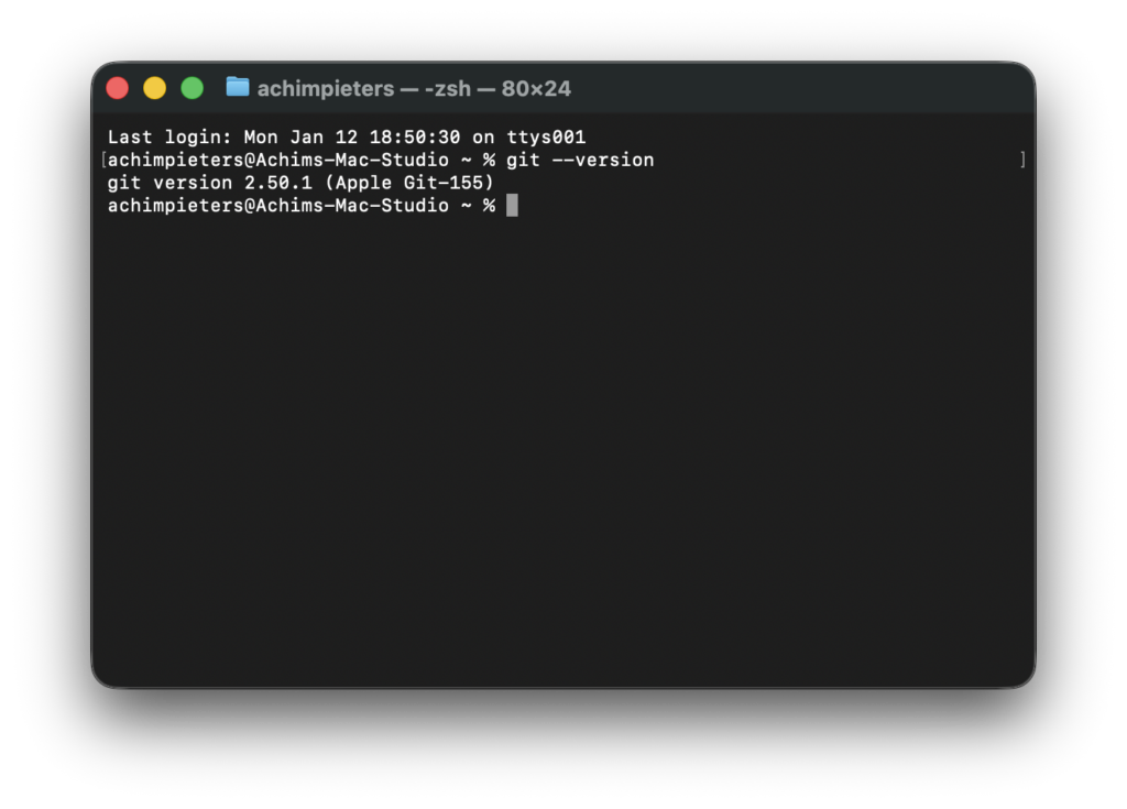 Terminal screenshot checking the installed Git version