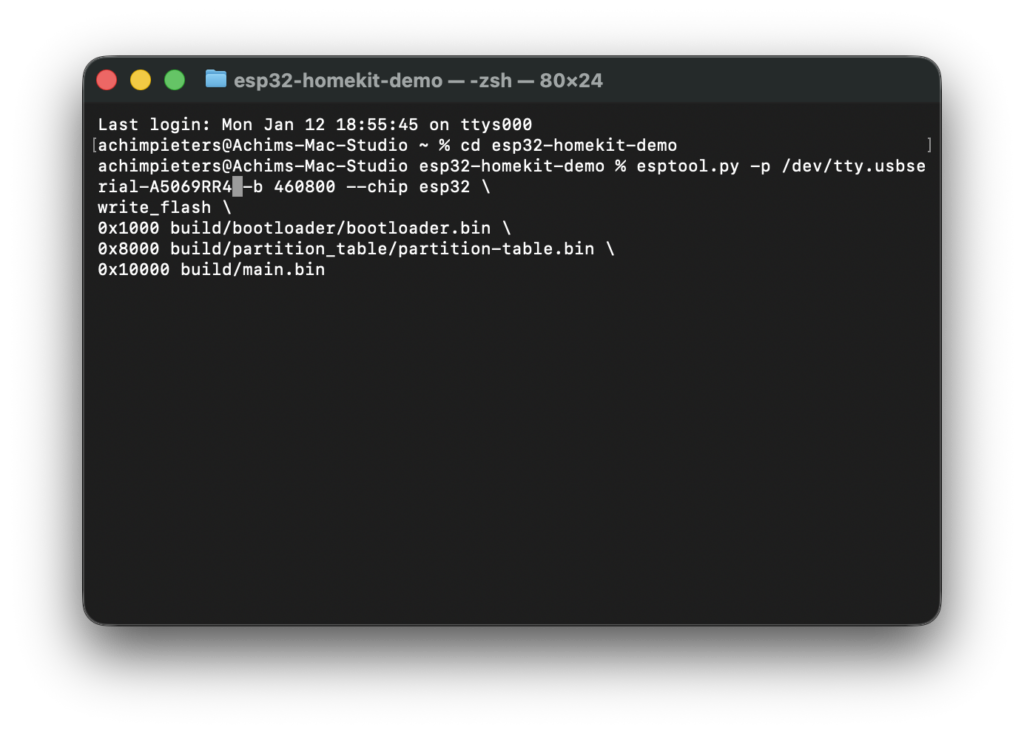 Terminal screenshot flashing the compiled firmware with esptool