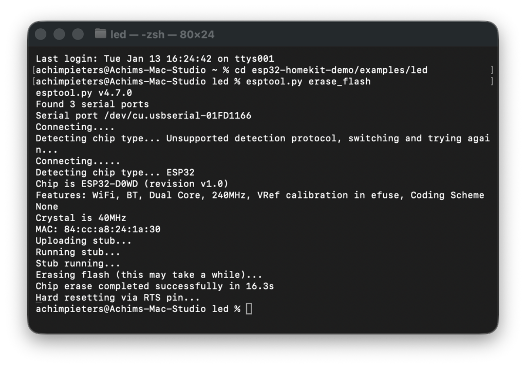 Terminal screenshot running esptool.py erase_flash