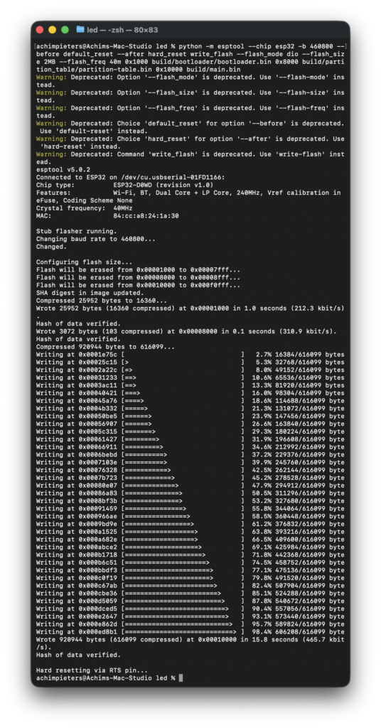 Terminal output confirming the firmware flash finished
