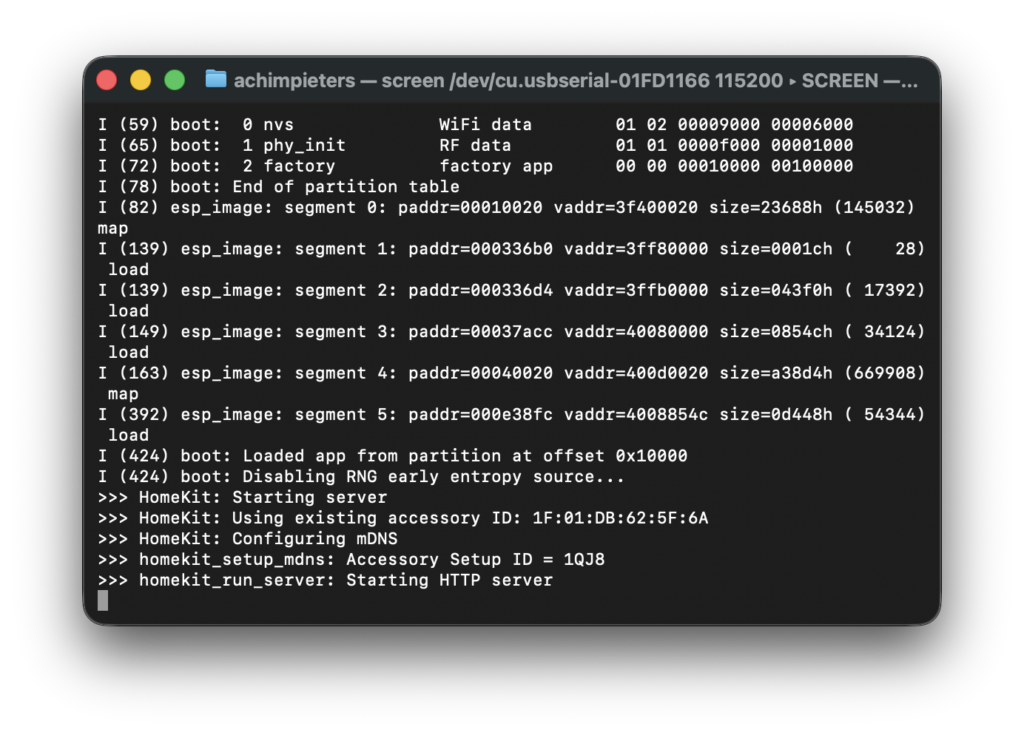 Serial monitor output showing the ESP32 boot log