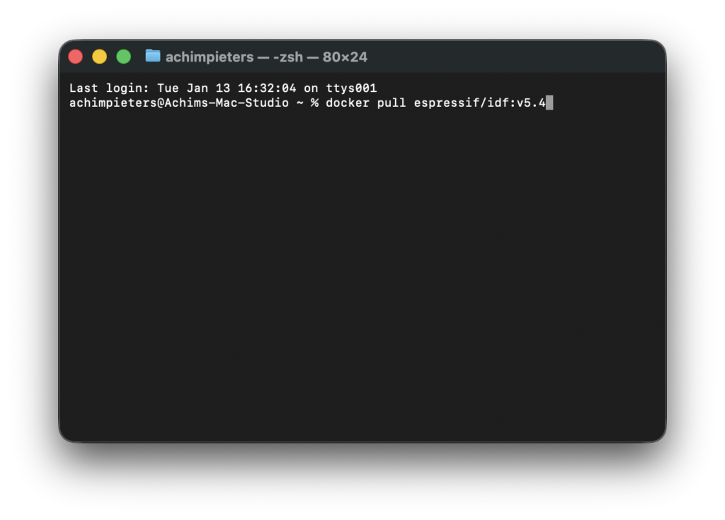 Terminal screenshot running docker pull espressif/idf:v5.4