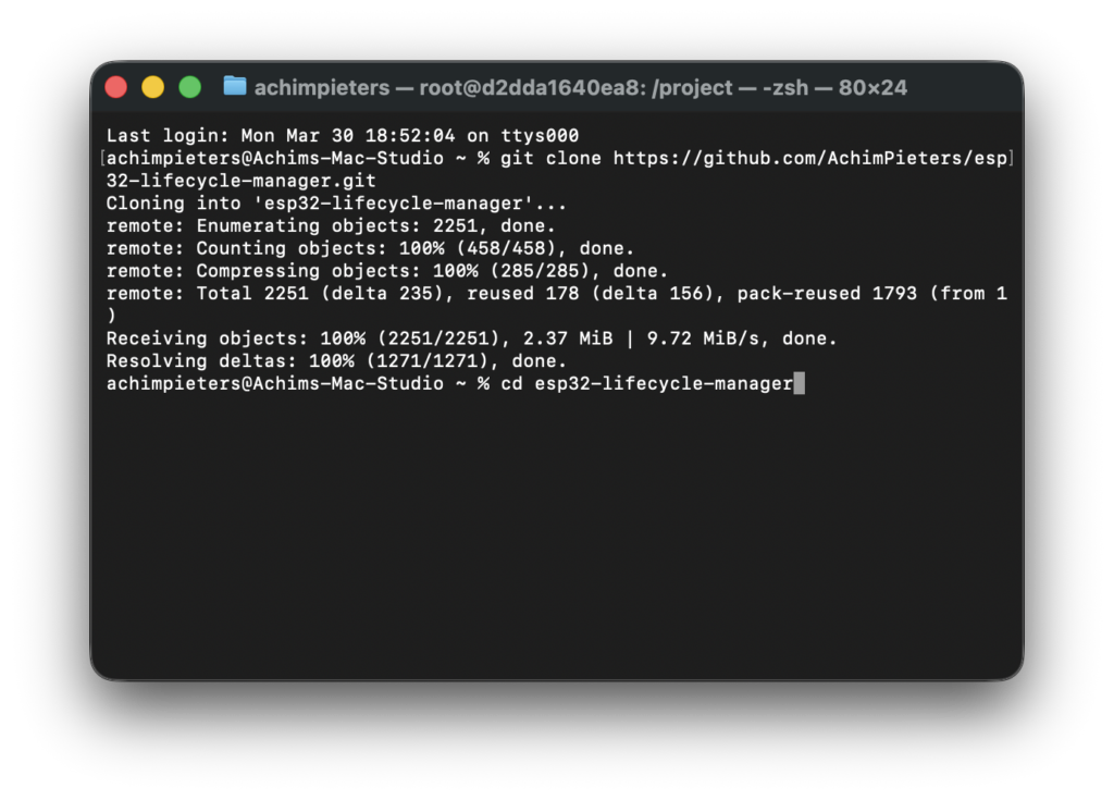 Terminal screenshot cloning the esp32-lifecycle-manager repository