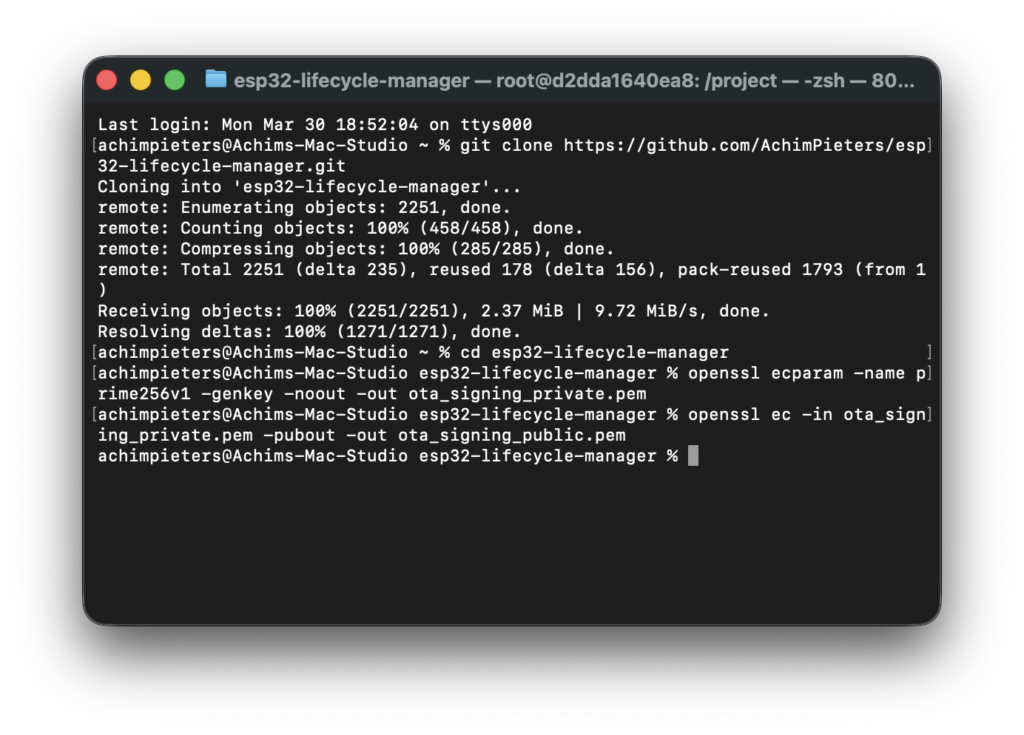 Terminal screenshot generating the OTA signing key pair with openssl