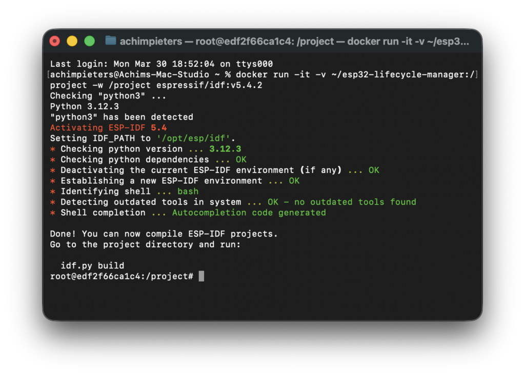 Terminal screenshot starting the ESP-IDF Docker container to build Lifecycle Manager