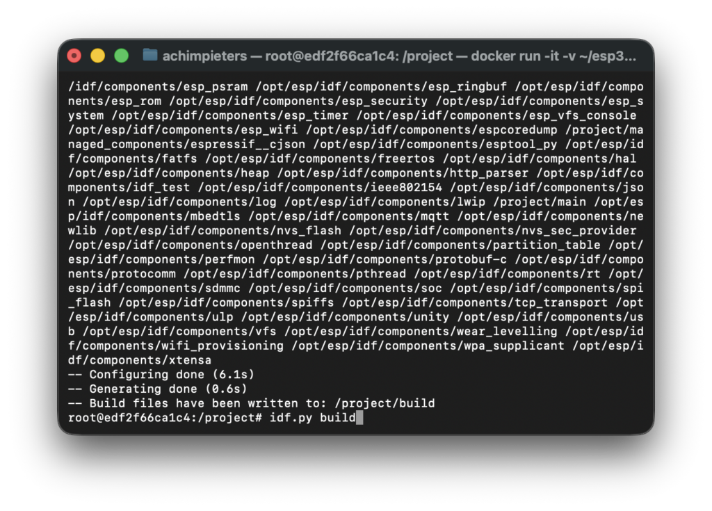 Terminal screenshot running idf.py set-target esp32 and idf.py build