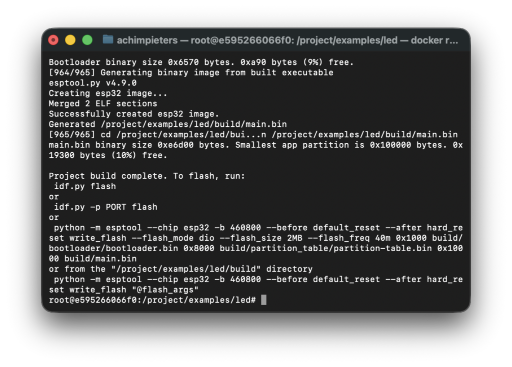 Terminal screenshot running idf.py build to compile the firmware