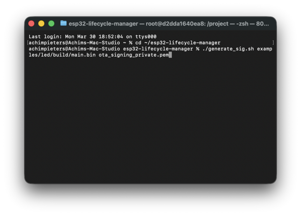 Terminal screenshot running the generate_sig.sh signing script