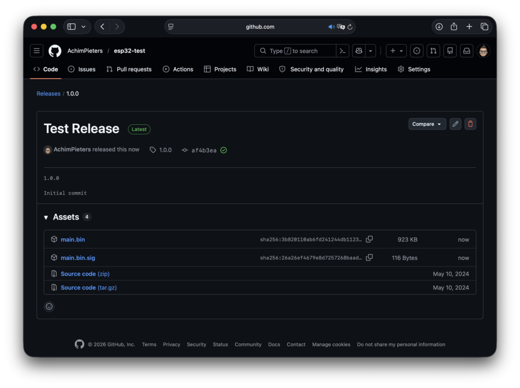 Creating a new GitHub release and uploading the firmware and signature files