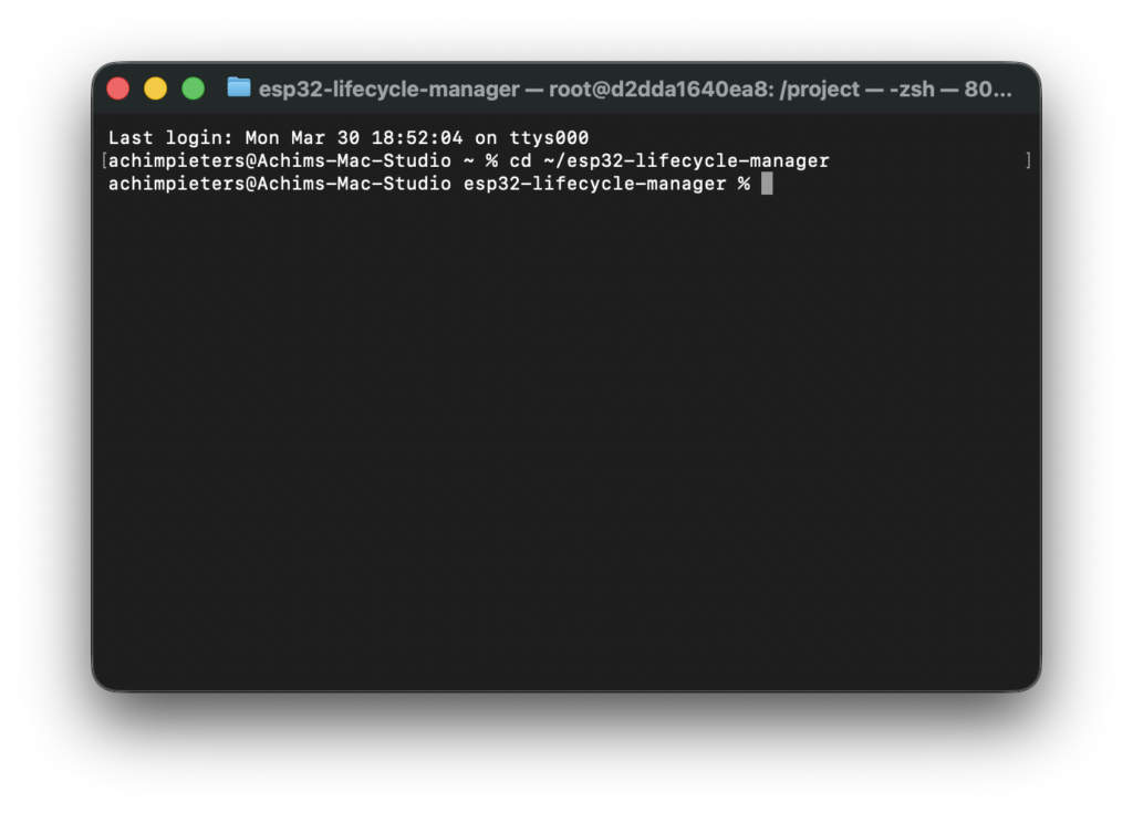 Terminal screenshot outside Docker, in the esp32-lifecycle-manager folder