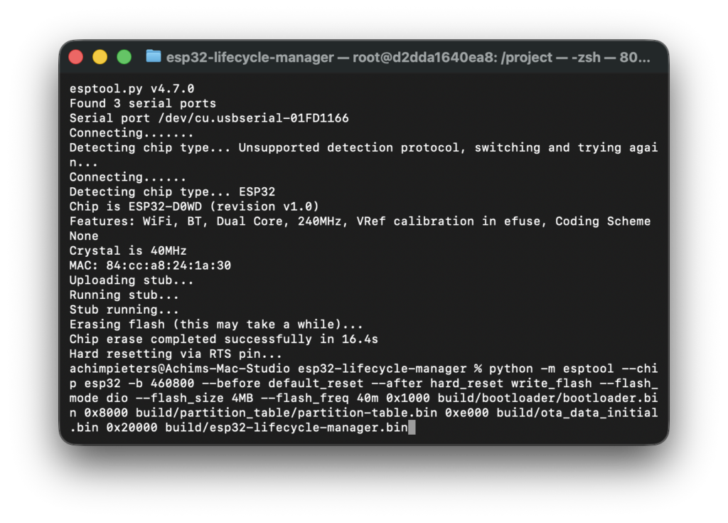 Terminal screenshot flashing the Lifecycle Manager firmware with esptool