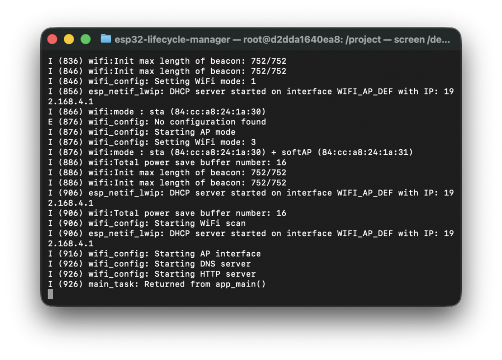 Terminal screenshot after pressing Enter to open the serial monitor