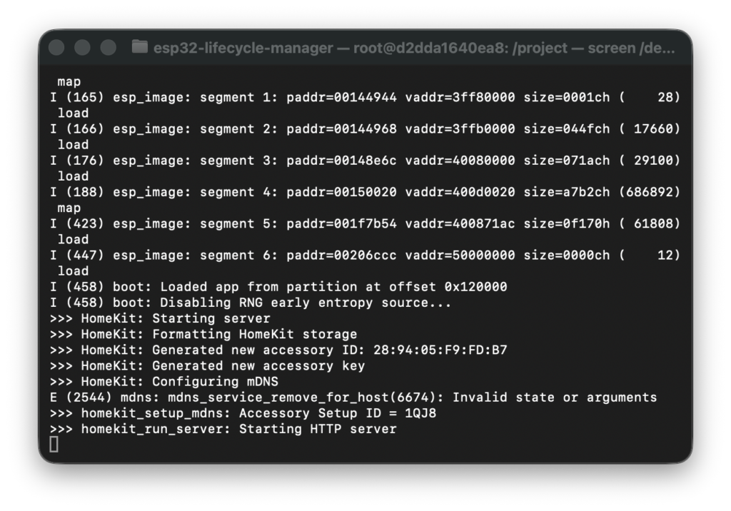 Serial monitor output showing the Lifecycle Manager boot log