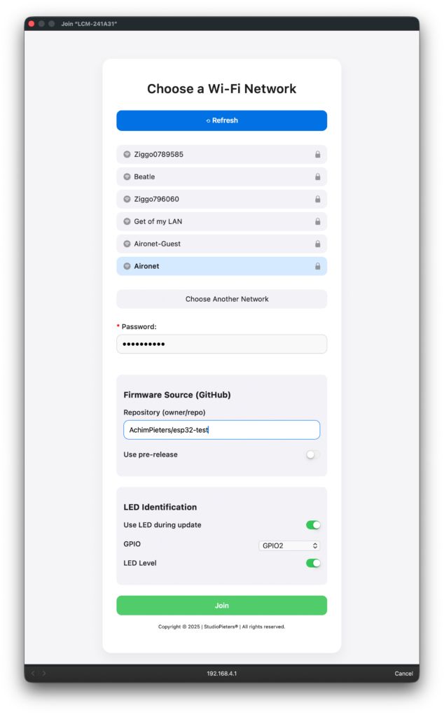 Lifecycle Manager Wi-Fi configuration option for the status LED GPIO