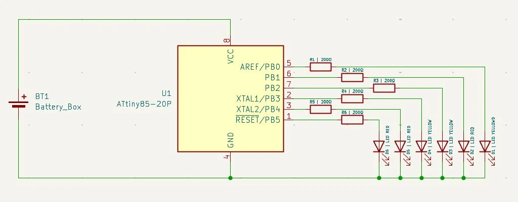 Circuit schematic wiring six LEDs to individual PWM pins on the ATtiny85