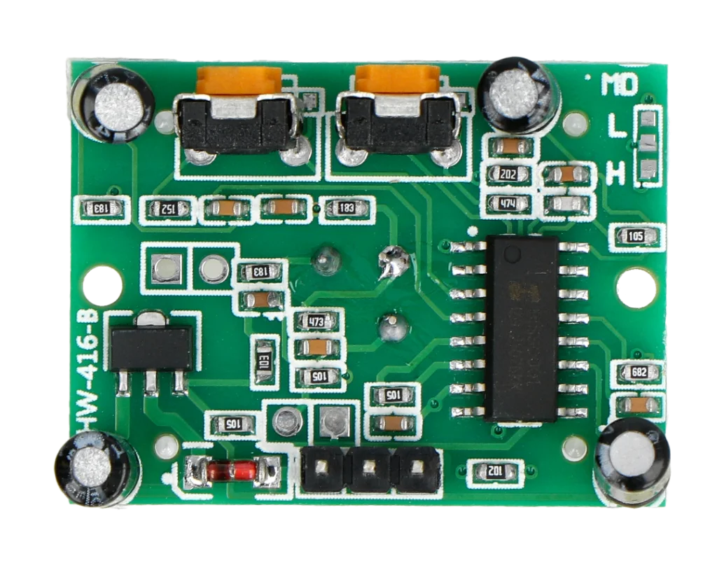 HC-SR501 board back showing the delay and sensitivity potentiometers and trigger-mode jumper