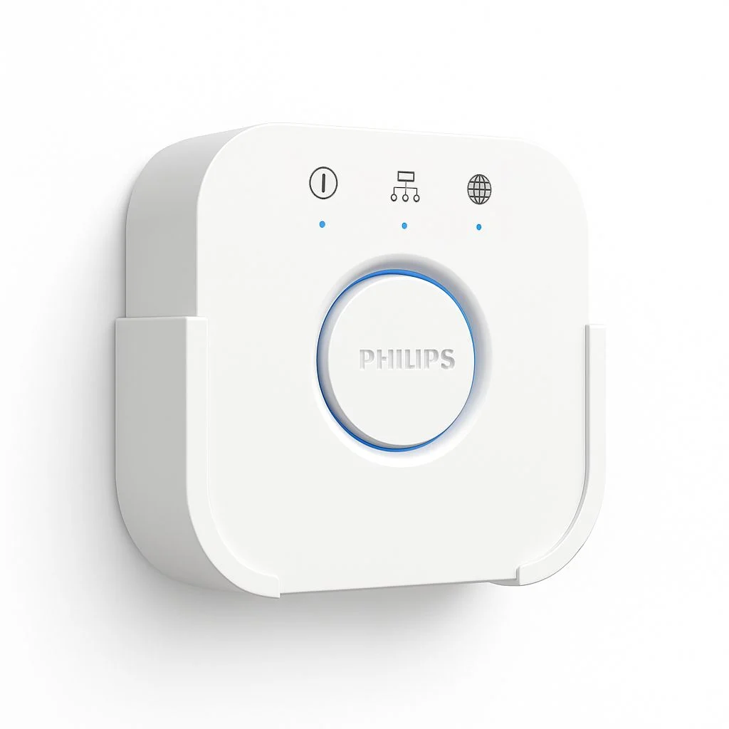 Philips Hue Bridge mounted on the wall in its 3D-printed holder
