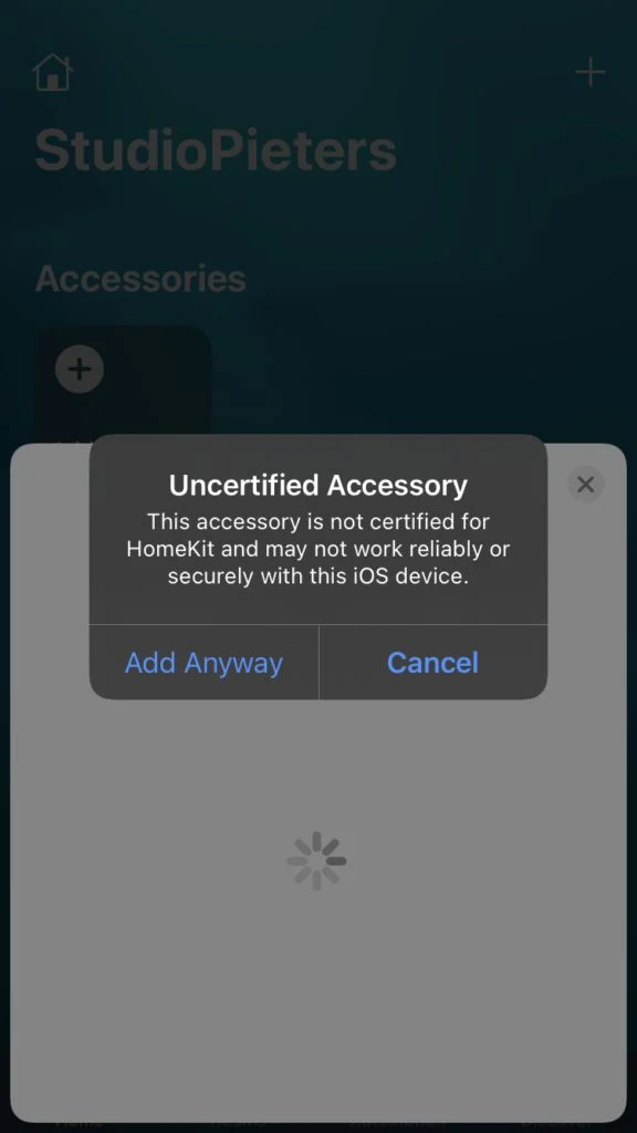 The Home app's uncertified accessory warning before adding the ESP32