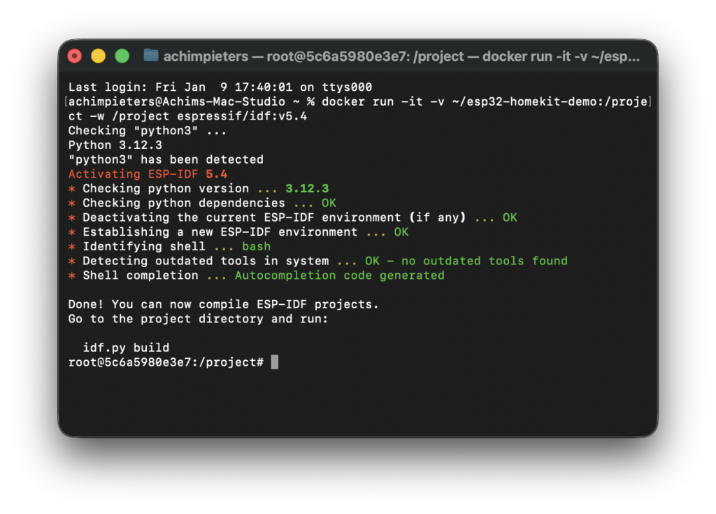 Terminal screenshot starting the ESP-IDF Docker container