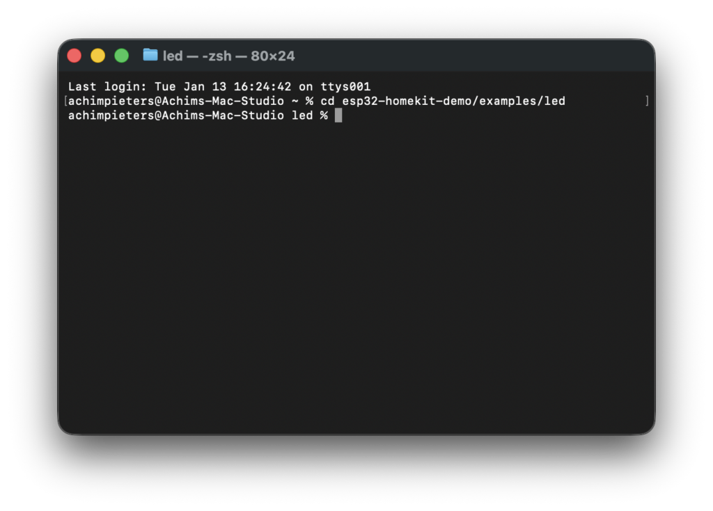 Terminal screenshot changing into the LED example folder