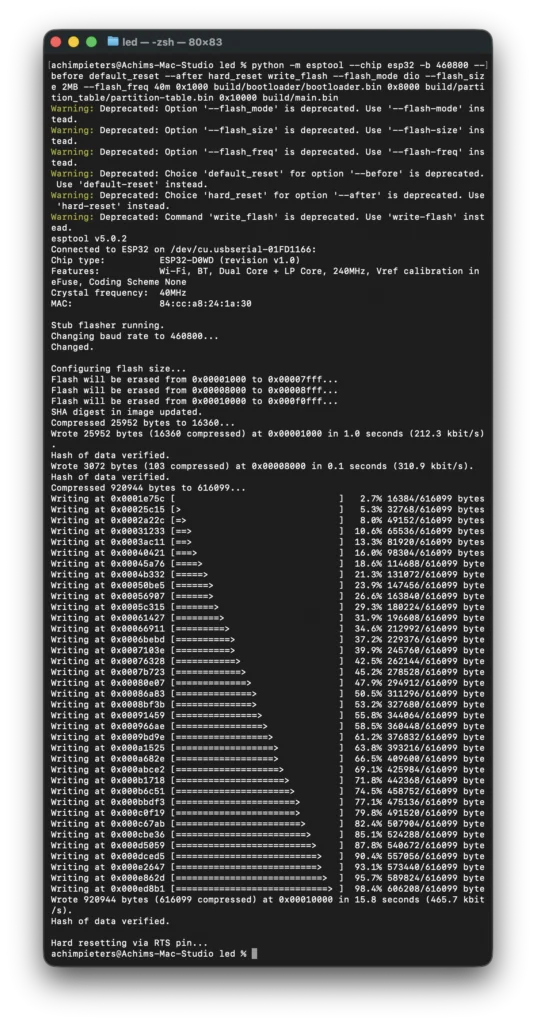 Terminal output confirming the firmware flash finished
