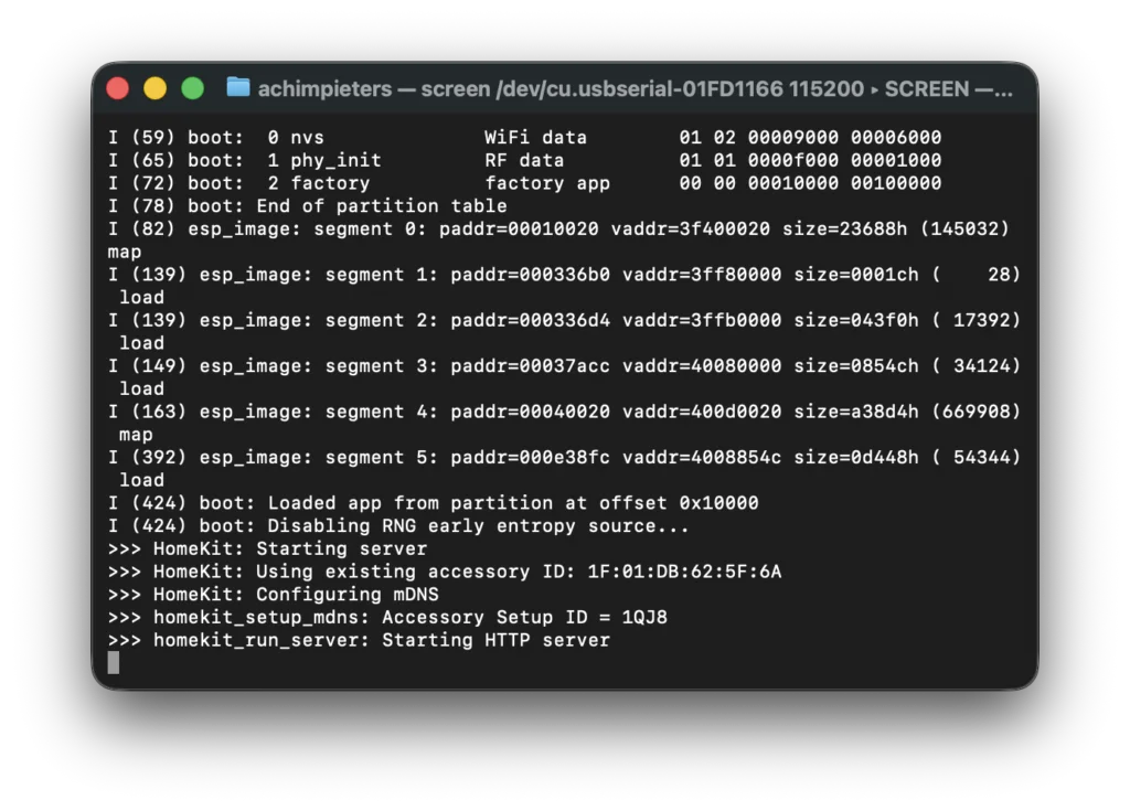 Serial monitor output showing the ESP32 boot log