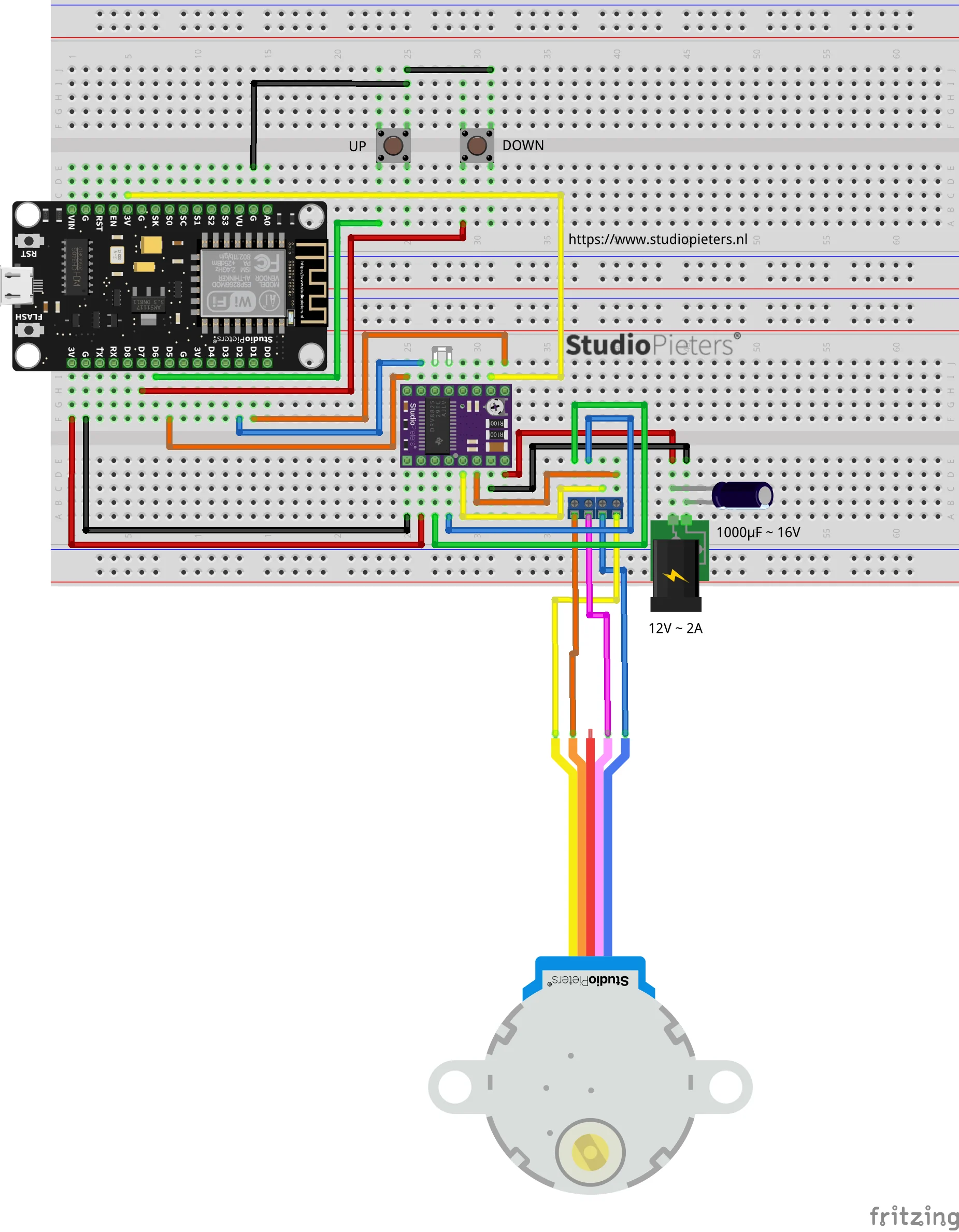 ESP8266 HomeKit Blinds wiring scheme: NodeMCU V3 Lua ESP-12E connected to a DRV8825 stepper driver