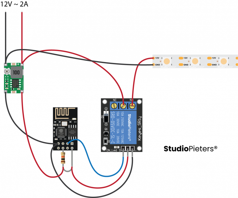 Circuit diagram: 12V adapter, P2307 buck converter, SRD-05VDC-SL-C relay and ESP8266-01S