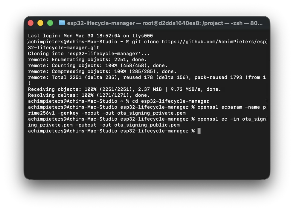 Terminal screenshot generating the OTA signing key pair with openssl