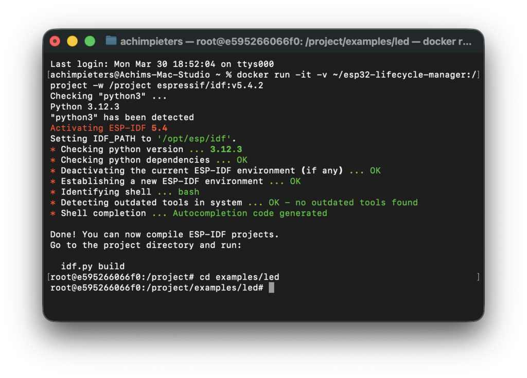 Terminal screenshot opening the LED example folder inside Docker