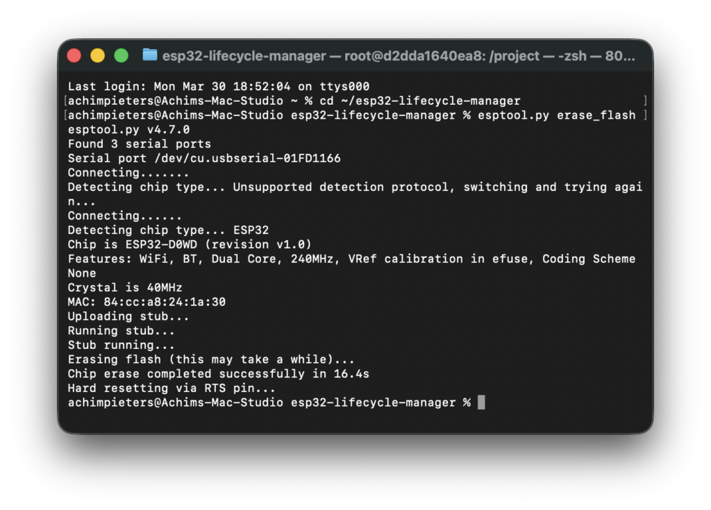 Terminal screenshot running esptool.py erase_flash