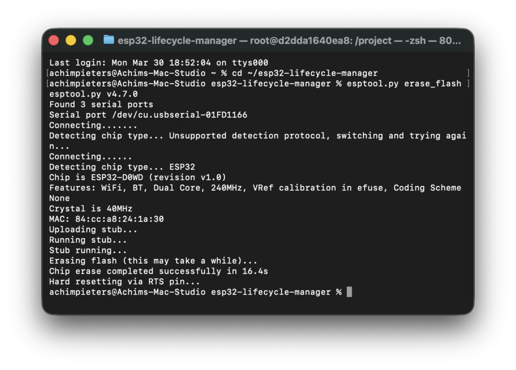 Terminal screenshot running esptool.py erase_flash