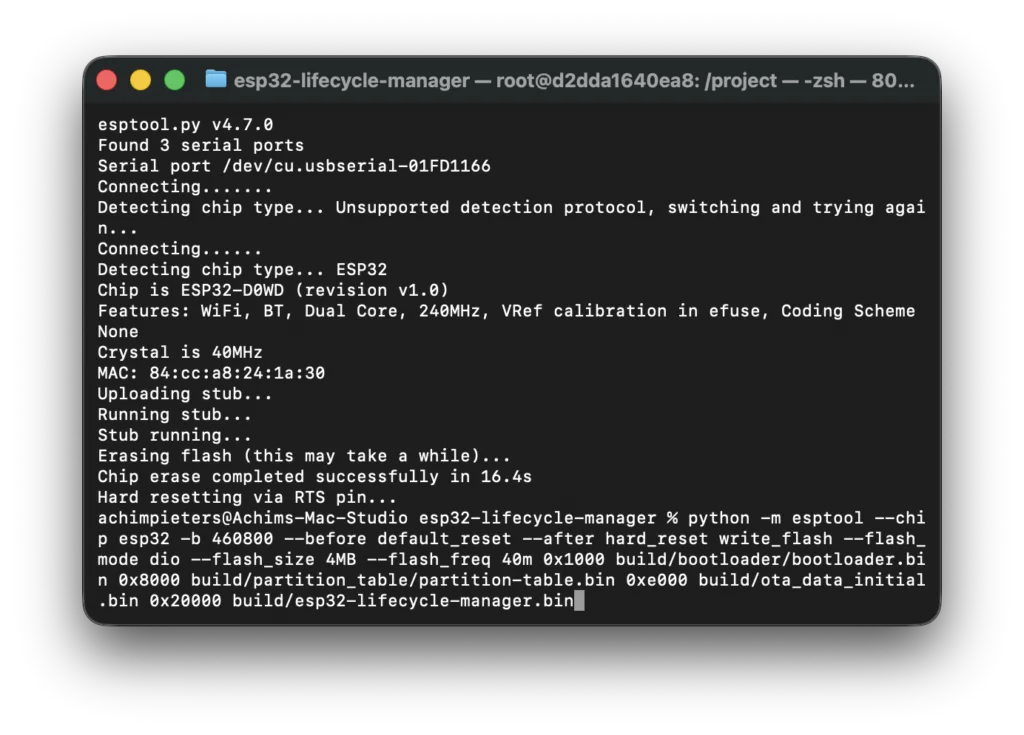 Terminal screenshot flashing the Lifecycle Manager firmware with esptool