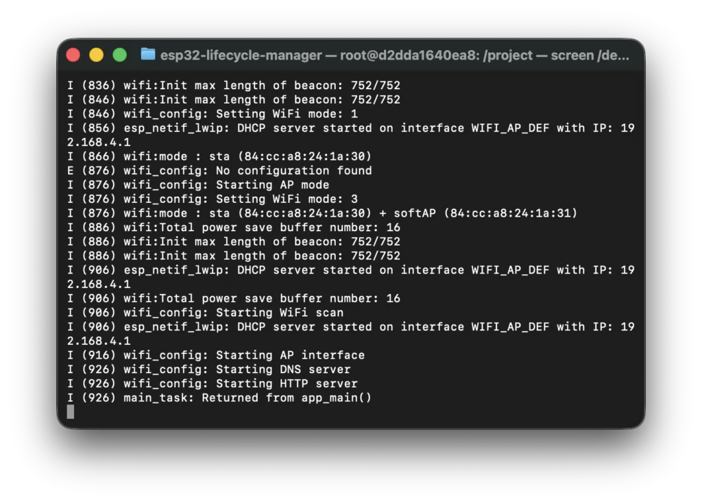 Terminal screenshot after pressing Enter to open the serial monitor