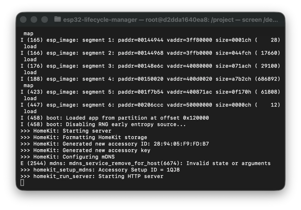 Serial monitor output showing the Lifecycle Manager boot log