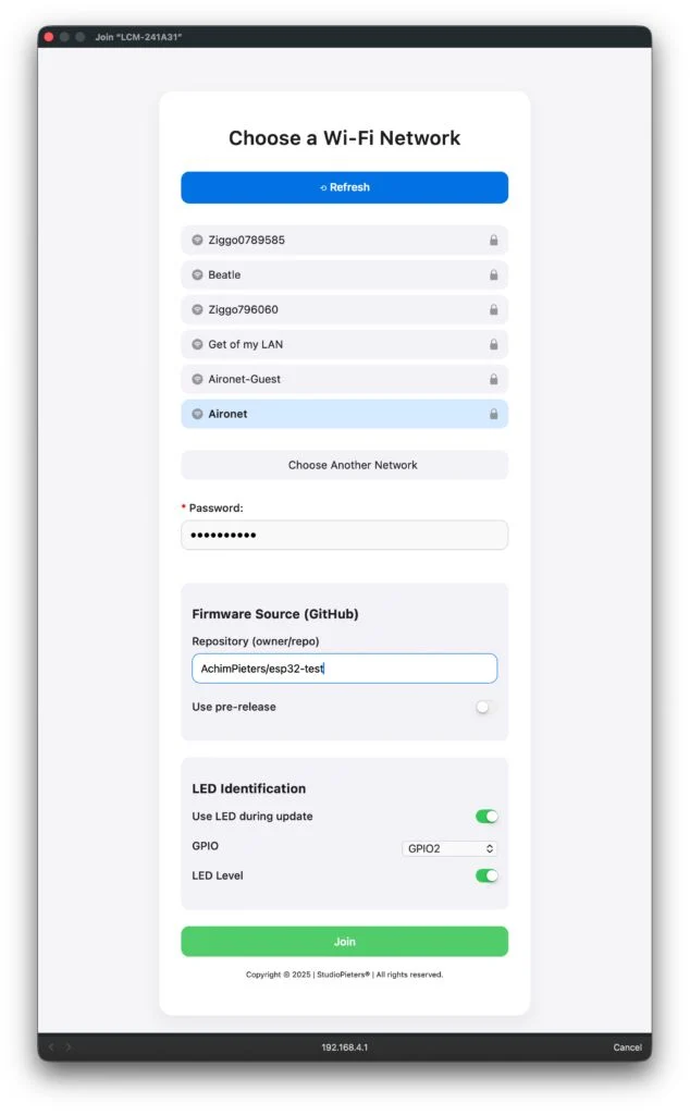 Lifecycle Manager Wi-Fi configuration option for the status LED GPIO