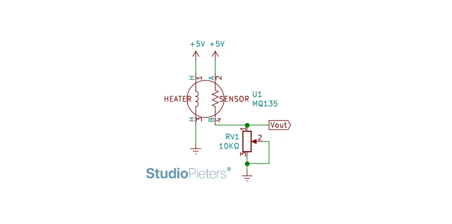 Schematic of the MQ135 with its heater, the sensor and a 10 kΩ potentiometer as load resistor