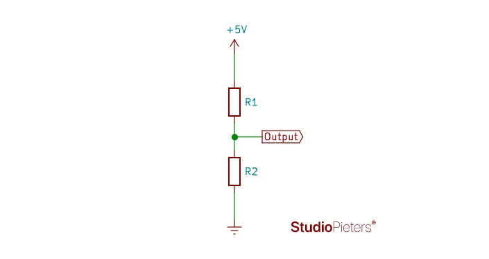 Schematic of a voltage divider with two resistors between 5 V and ground and the output between them